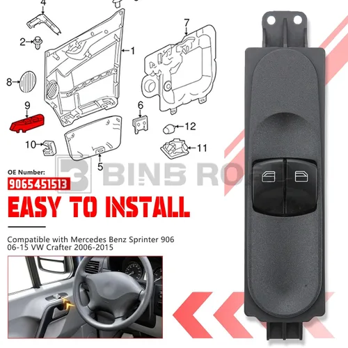 Miniatura 2 de 9065451513 Interruptor de elevalunas eléctrico del lado del conductor, interruptor de control maestro eléctrico compatible con Mercedes Benz