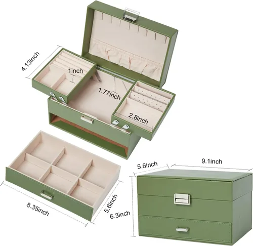 Miniatura 6 de Joyero de 3 capas grande de cuero organizador de joyas para mujeres y niñas, elegante y bien organizado para aretes, anillos, collares, pulseras