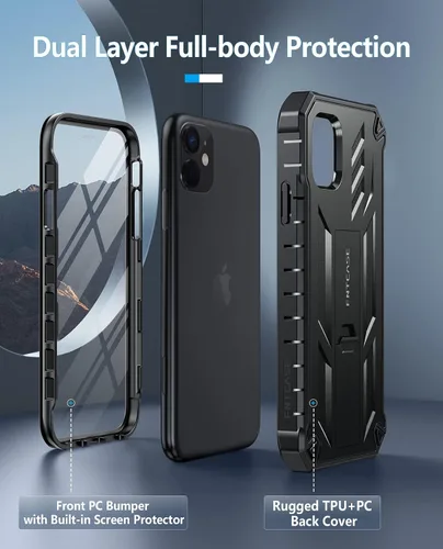 Miniatura 7 de FNTCASE Funda para iPhone 11: funda para iPhone XR [protector de pantalla y soporte integrados] [protección contra caídas de grado militar] Negro