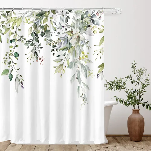 Miniatura 13 de Tititex Spun Sugar - Juego de cortinas de ducha de eucalipto azul claro, hojas de acuarela brillantes en la parte superior, decoración floral