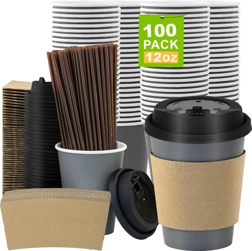 Miniatura 46 de Paquete de 100 tazas de café desechables de 8 onzas, tazas de papel desechables de color marrón a granel, tazas de café para té caliente, chocolate