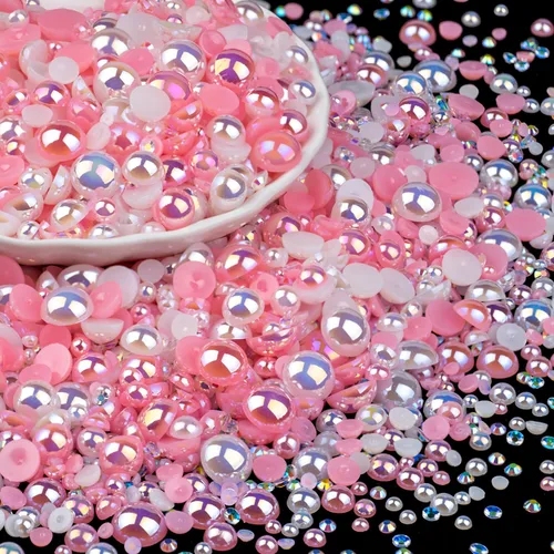 100g de cuentas de perlas planas y diamantes de imitación, 1-Rosa y blanco, tamaño mixto de 3-10mm, resina, diamantes de imitación y medias perlas