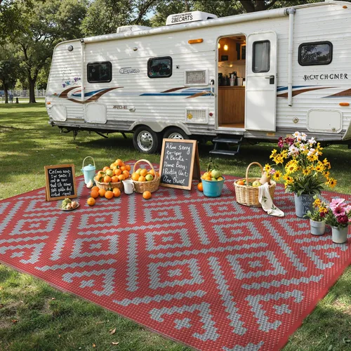Miniatura 18 de GENIMO Alfombra de exterior impermeable de 5 x 8 pies, alfombras reversibles, alfombra de área, alfombra de plástico para exteriores, alfombra Negro