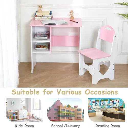 Miniatura 8 de Juego de escritorio y silla para niños, escritorio de estudio para niños con estante de almacenamiento, mesa de estudio escolar de madera, mesa