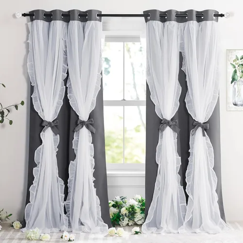 Miniatura 38 de PONY DANCE Cortinas con Volantes de Doble Capa con Superposición Transparente, Decoración Elegante para Ventanas de Diseño Rústico Francés de Campo