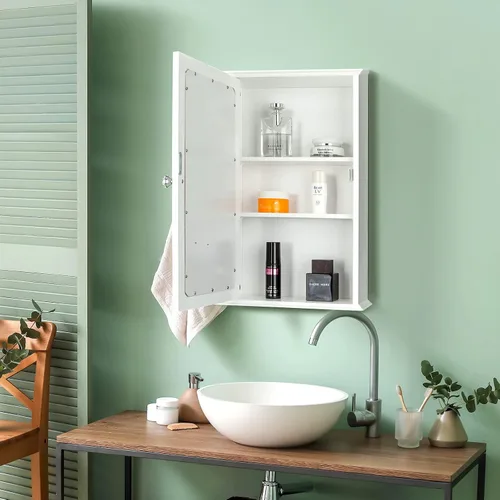 Miniatura 4 de Karl home - Gabinete de medicina de madera para baño, montado en la pared, acabado blanco, con una puerta de espejo y estantes ajustables para baño