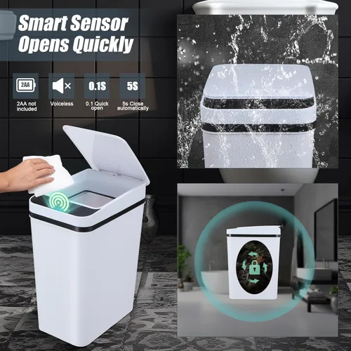Miniatura 4 de Maxcheck 3 cubos de basura automáticos para baño con tapa, 3 galones, sensor de movimiento sin contacto, pequeño, delgado, cubo de basura