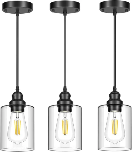 Miniatura 8 de Licperron Lámparas colgantes de 3 luces, luces colgantes negras para isla de cocina, iluminación colgante ajustable con pantalla de vidrio