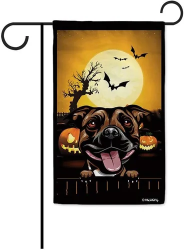 Miniatura 29 de Bandera de jardín de calabaza de Feliz Halloween Jack O'Lantern con perro Rhodesian Ridgeback Halloween Bat Boo Bandera decorativa para patio al