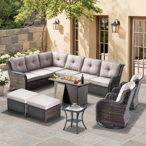 Miniatura 21 de HUMMUH Sillas Mecedoras Giratorias de Mimbre para Patio Exterior con Respaldo Alto, Sillas Deslizantes de Ratán PE, Juego de Muebles de Patio de 4