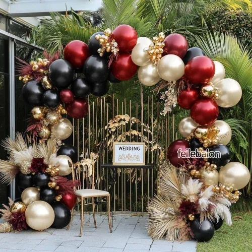 Miniatura 2 de Kit de arco de globos color burdeos y negro, doble relleno, color granate, rojo oscuro, perla, blanco, arena, dorado, guirnalda de globos