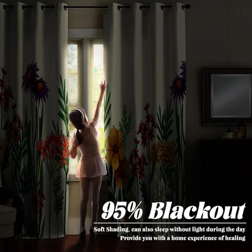 Miniatura 3 de Renaiss Cortinas de flores de 21 x 45 pulgadas, cortinas opacas botánicas con ojales para ventana, estampado de hojas y flores, flores silvestres