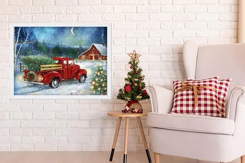 Miniatura 7 de RUIHA Kit de pintura de diamantes de Navidad, kit de arte de diamantes de invierno para adultos, pintura 5D de camión rojo con taladro completo