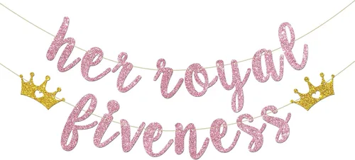 INNORU Cartel con texto en inglés "Her Royal Fivenity" - Decoración de fiesta de cumpleaños número 5 para niñas, suministros de decoración de fiesta