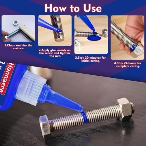 Miniatura 5 de Hannaera - Adhesivo de fijación de roscas de fuerza media 8.45 Fl oz/250 ml, para tuercas, pernos, sujetadores y metales, adhesivo azul para evitar