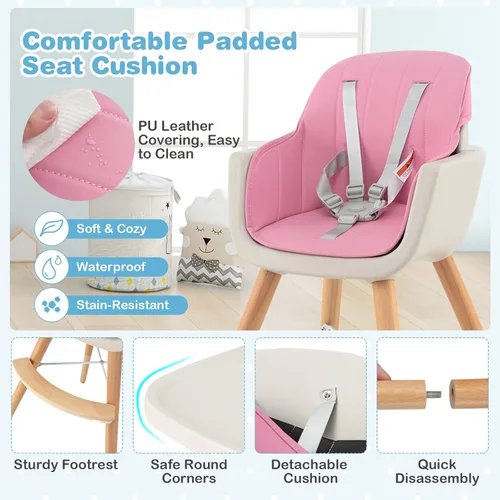 Miniatura 7 de HONEY JOY Silla alta para bebé, silla alta 6 en 1 de madera Eat & Grow con bandeja extraíble, arnés de 5 puntos, cojín de poliuretano y reposapiés