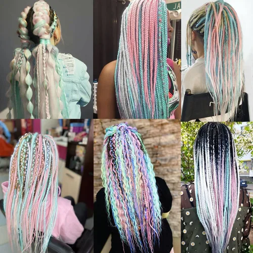 Miniatura 6 de Extensiones de cabello trenzado jumbo coloridas que brillan en la oscuridad para trenzas de arco iris de 24 pulgadas, 3 piezas (blanco/rosa/verde)