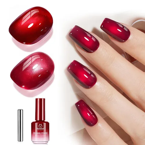 Beetles - Esmalte de uñas de gel de ojo de gato rojo, cereza teñida de vino, 0.5 onzas líquidas, esmalte de gel magnético 2 efectos de ojo de gato,