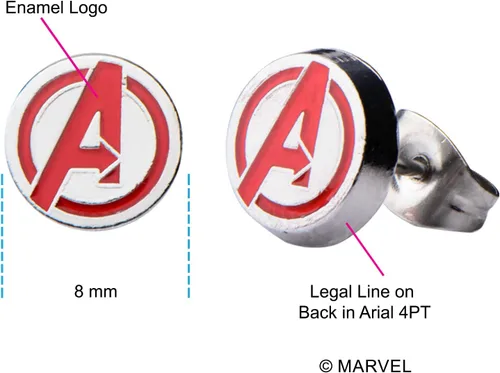 Miniatura 4 de Aretes hipoalergénicos de acero inoxidable con licencia oficial de Marvel Comics para mujer, diseño de Avenger, unisex, Esmalte