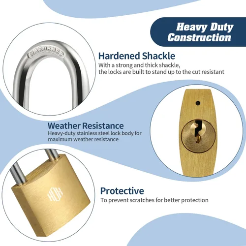 Miniatura 4 de HOX Paquete de 2 candados con llave, impermeable y a prueba de óxido, cerradura de latón macizo con cuerpo de 1-1/4 pulgadas de ancho, candado