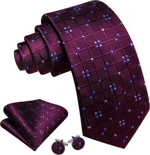 Miniatura 106 de Barry.Wang Juego de corbatas a cuadros para hombre con pañuelo gemelos de rayas clásicas