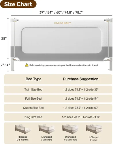 Miniatura 8 de Barandilla protectora para cama de bebé para niños pequeños, rieles reforzados de 39 pulgadas para cama individual con altura ajustable, barandilla