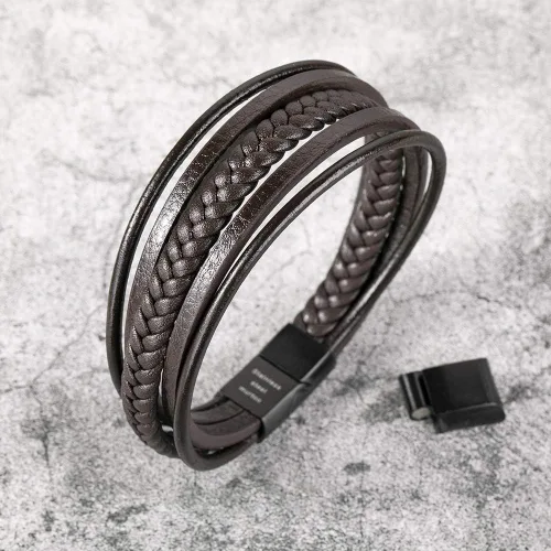 Miniatura 4 de murtoo Pulsera de cuero para hombre con cierre de cuero de vaca multicapa trenzada para hombre, Acero inoxidable Cuero