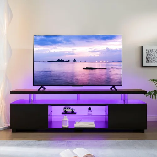 Miniatura 6 de Soporte de TV negro con luces LED para TV de 60 o 65 pulgadas, moderno centro de entretenimiento con almacenamiento, consola de TV