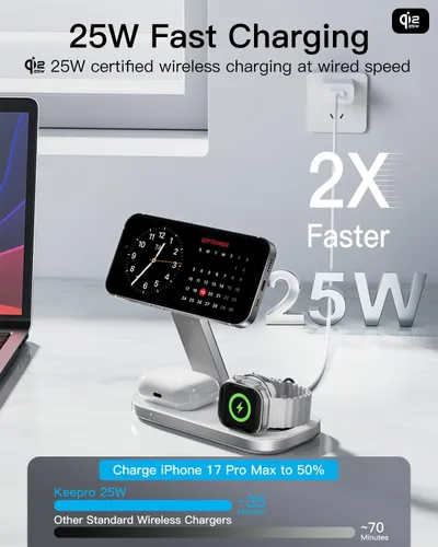 Miniatura 2 de Estación de carga inalámbrica 3 en 1 para dispositivos Apple, soporte magnético plegable de carga rápida compatible con MagSafe para iPhone Blanco