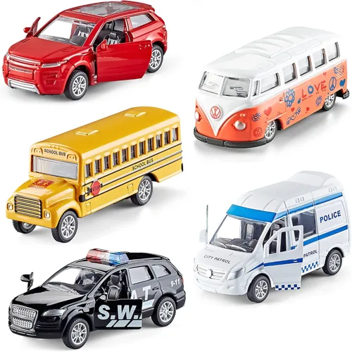 Miniatura 9 de KIDAMI Juego de Coches y Autobuses de Juguete de Metal Fundido a Presión, Escala 1:64, Vehículos de Autobús Urbano de Dos Pisos, Coches de Retroceso