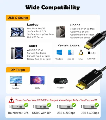 Miniatura 4 de Cable USB C a DisplayPort de 6 pies (4K a 60 Hz, 2 K a 144 Hz), cable USB C a DP 1.2 compatible con MacBook Pro/Air y más portátiles que admiten