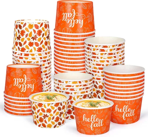 Whaline 60 tazas de papel desechables con diseño de hojas de arce, cuencos de papel desechables de 9 onzas con hojas de otoño, tazas de papel de