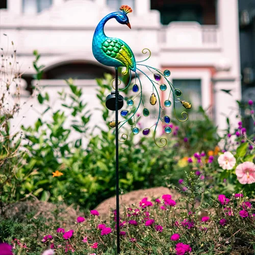 Miniatura 4 de DREAMSOUL Estacas de luz solar de jardín de pavo real de metal al aire libre decorativas - Luz de camino LED solar impermeable de pavo real