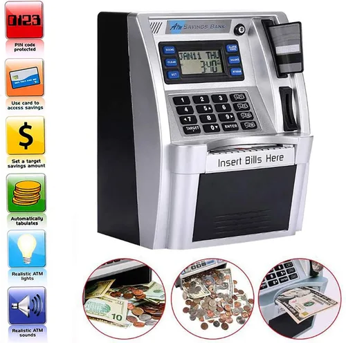 Miniatura 3 de EOBTAIN Alcancía de cajero automático para niños, caja de ahorros para niños y adultos, mini cajero automático negro, juguete para dinero real