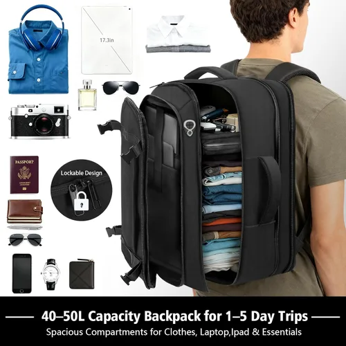 Miniatura 3 de Ample Space Mochila de viaje con garantía de por vida, mochila de mano expandible con puerto de acceso por cable, se adapta a portátiles de 17.3