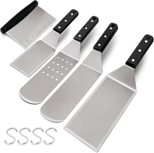 Miniatura 8 de HaSteeL - Juego de 5 espátulas de metal, kit de accesorios de plancha resistente, de acero inoxidable duradero, para hamburguesas, espátulas