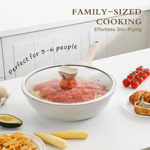 Miniatura 5 de Sartén Wok Cerámica Kordisen, Wok Antiadherente de 30.5 cm con Tapa, Woks y Sartenes para Freír Saludables y Sin Toxicidad para Cocinar, Utensilios