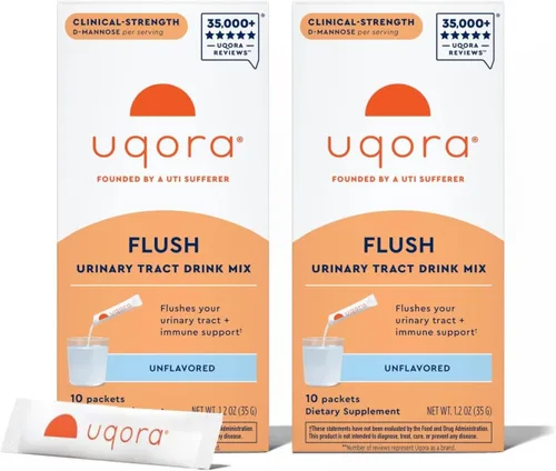 Miniatura 10 de Uqora Flush - Tracto urinario* con D-manosa, vitamina C, vitamina B6, potasio, magnesio y calcio - Sin gluten y vegano - Sabor a limonada rosa - 10