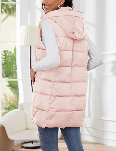 Miniatura 5 de Gihuo Chaleco largo acolchado de invierno para mujer, con capucha, sin mangas, con cremallera, chaleco largo
