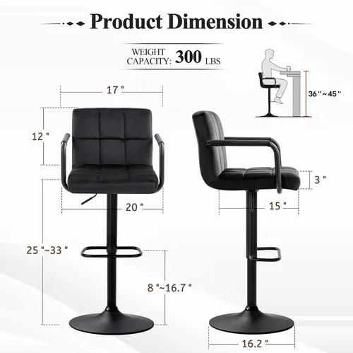 Miniatura 3 de Furniliving Taburetes de bar ajustables con respaldo, juego de 2 taburetes de bar negros, taburetes de bar de terciopelo con giro de 360°, taburetes