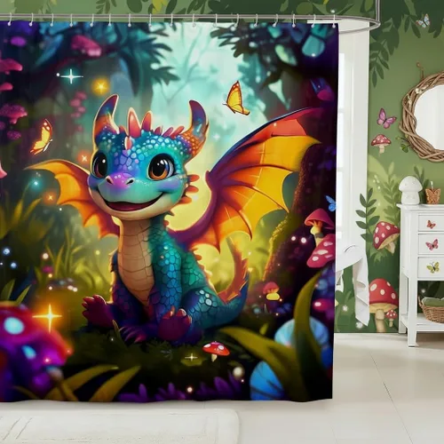 Miniatura 20 de Castle Fairy Cortinas de ducha impermeables 3D de sirena de ensueño, tela de paisaje, cortina de ducha de baño, diseño de mar, miau, pájaros
