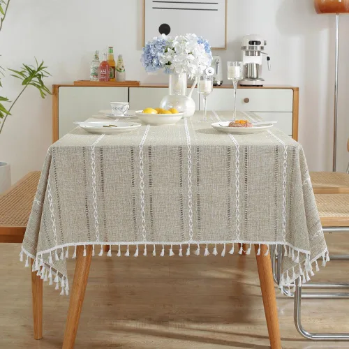 Miniatura 7 de meioro Mantel rústico, mantel rectangular de algodón texturizado de lino con borla, mantel de tela resistente para granja con bordado de rayas