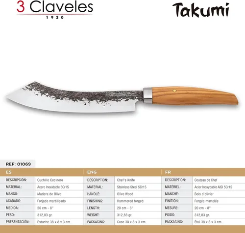 Miniatura 4 de 3 Claveles Cuchillo Cocinero Takumi 7.9 in 1069