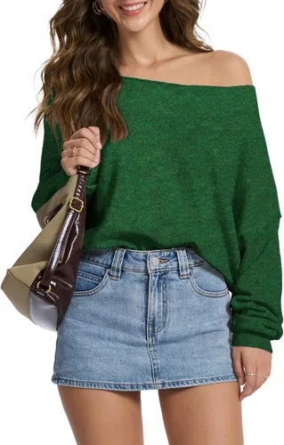 Miniatura 12 de FAlABLE - Suéter para mujer con hombros descubiertos y cuello barco, pullover holgado de manga larga, acogedor de punto, para otoño e invierno, tops