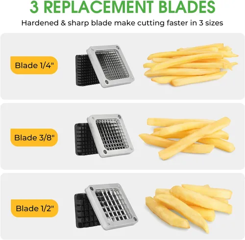 Miniatura 7 de Cortadora comercial de verduras y cortador de papas fritas de acero inoxidable - Incluye 3 tamaños de cuchillas (1/2", 3/8", 1/4") - Perfecto