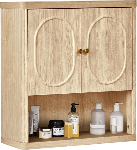 Miniatura 9 de Armario de almacenamiento de pared para baño, botiquín acanalado con puertas, armario montado en la pared con estante ajustable, gabinetes