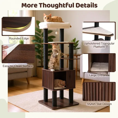 Miniatura 9 de PETSITE Árbol de madera para gatos de 64 pulgadas, torre para gatos moderna de varios niveles con postes rascadores, amplio condominio con agujero