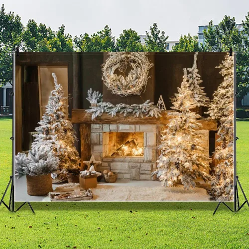 Miniatura 4 de Leowefowa Telón de fondo de fotos de Navidad de 5x3 pies Fondo de guirnalda de chimenea de invierno Chimenea vintage de Navidad Árbol de Navidad
