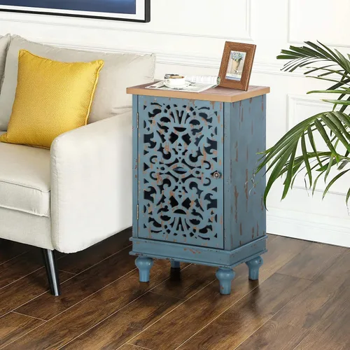 MAISON ARTS Gabinete de Acento Pequeño con Una Puerta, Gabinete de Almacenamiento Calado Mesa Lateral Envejecida con Patas de Madera Sólida para Azul