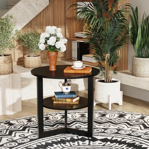 Miniatura 5 de Mesa auxiliar redonda grande con estante de almacenamiento, sofá circular rústico patas de metal negro, mesita de noche de madera maciza, teléfono